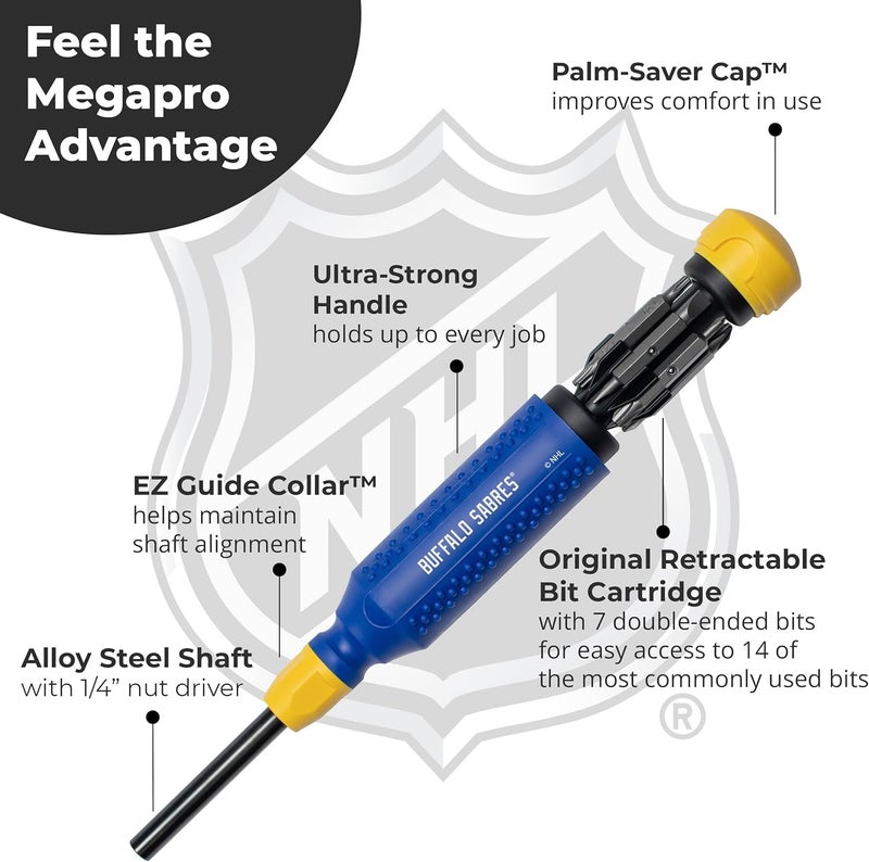 Megapro ® NHL® Team Edition Multi-bit Screwdriver | Officially Licensed NHL® Gear | Durable, Ergonomic, Pro-Grade Screwdriver (Buffalo Sabres®) - Image 4